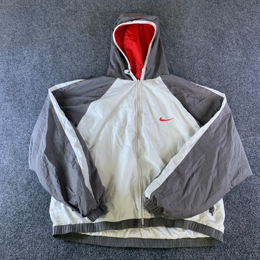 VTG Nike Windbreaker Jacket Youth Large 12-14 White Gray Logo Hooded Full Zip